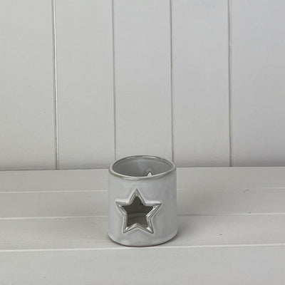 Glazed Ceramic Tealight Holder With Star Cut Out With Textured Detail