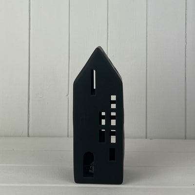 Tall Black Ceramic Led House With Cut Out Windows