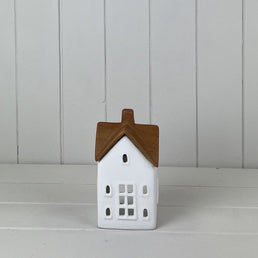 White/wood Grain Effect Ceramic House Tealight Holder