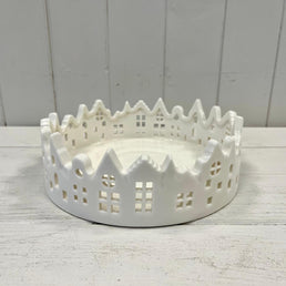White Glazed Ceramic Candle Tray With Silhouette Houses Design