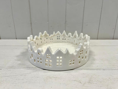 White Glazed Ceramic Candle Tray With Silhouette Houses Design