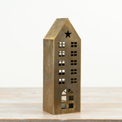 31cm Gold Metal T-Light Holder House