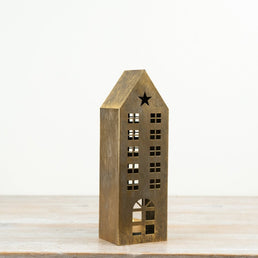 25cm Gold Metal House T-Light Lantern
