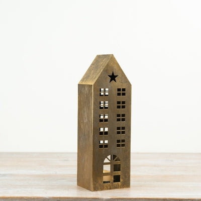 25cm Gold Metal House T-Light Lantern