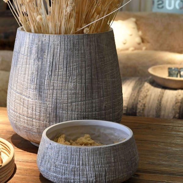 Large Low White Yakisugi Textured Pot