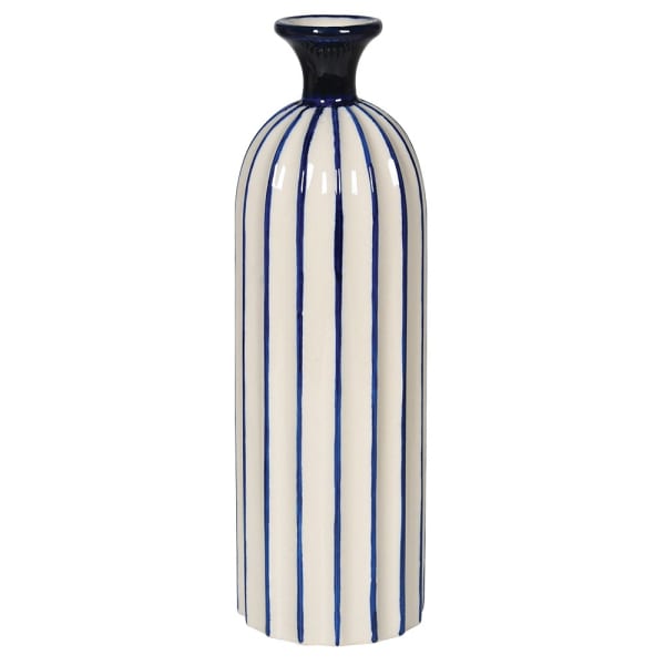 Large Hand Painted Blue and White Stripe Ceramic Bud Vase