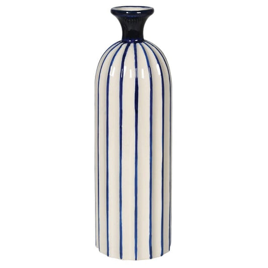 Large Hand Painted Blue and White Stripe Ceramic Bud Vase