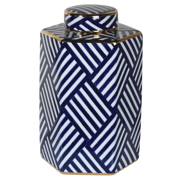 Blue and White Geometric Striped Lidded Jar