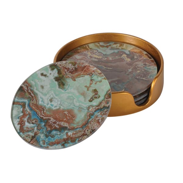 Set of Green Marble Effect Coasters with Holder