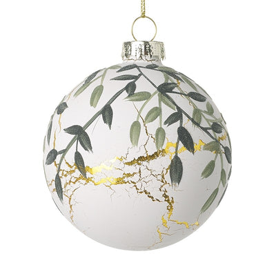 White Glass Bauble With Green Leaves